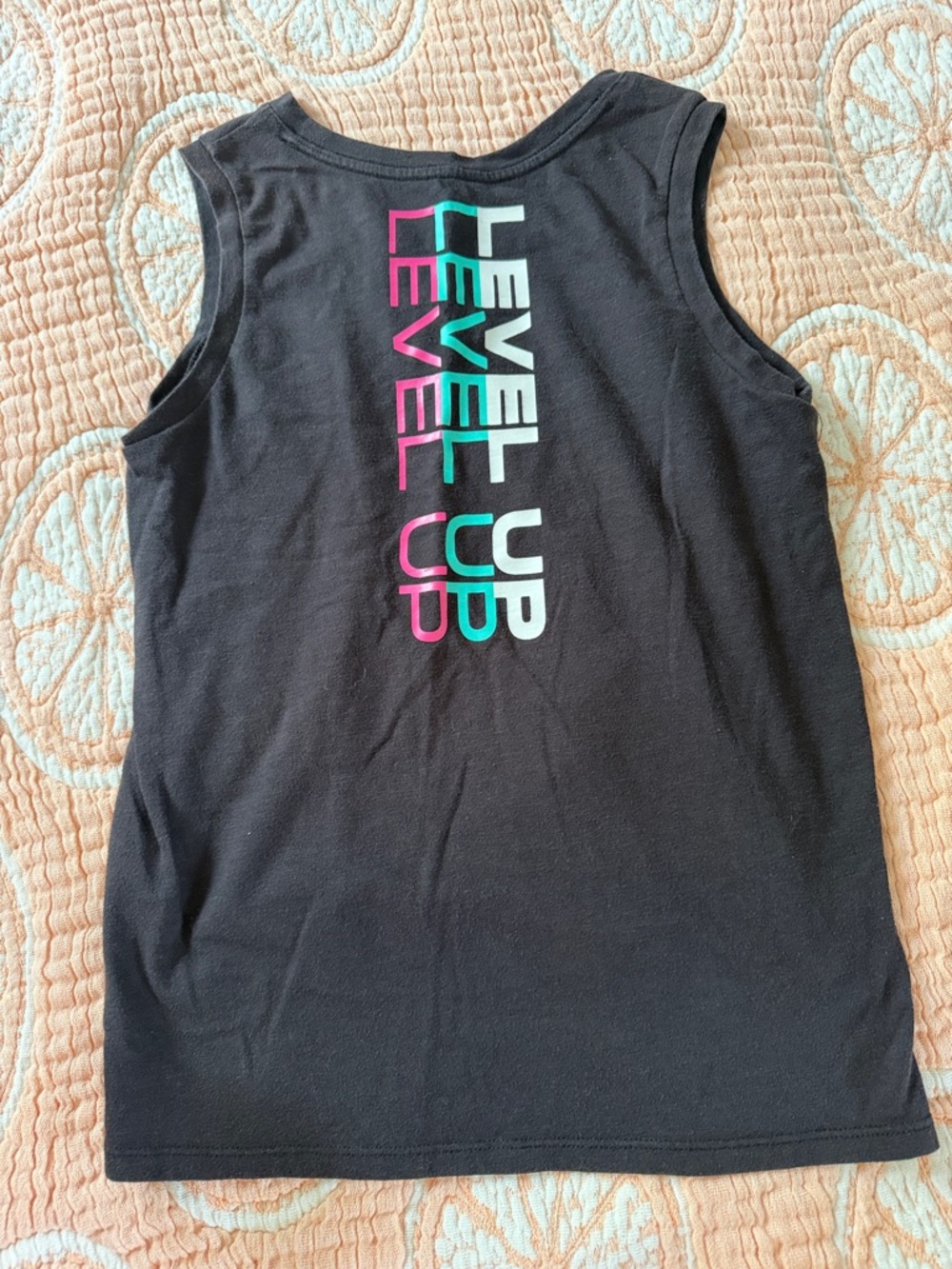 Athletic Works Black Tank Top with Teal, White & Pink 'LEVEL UP' Vertical Print